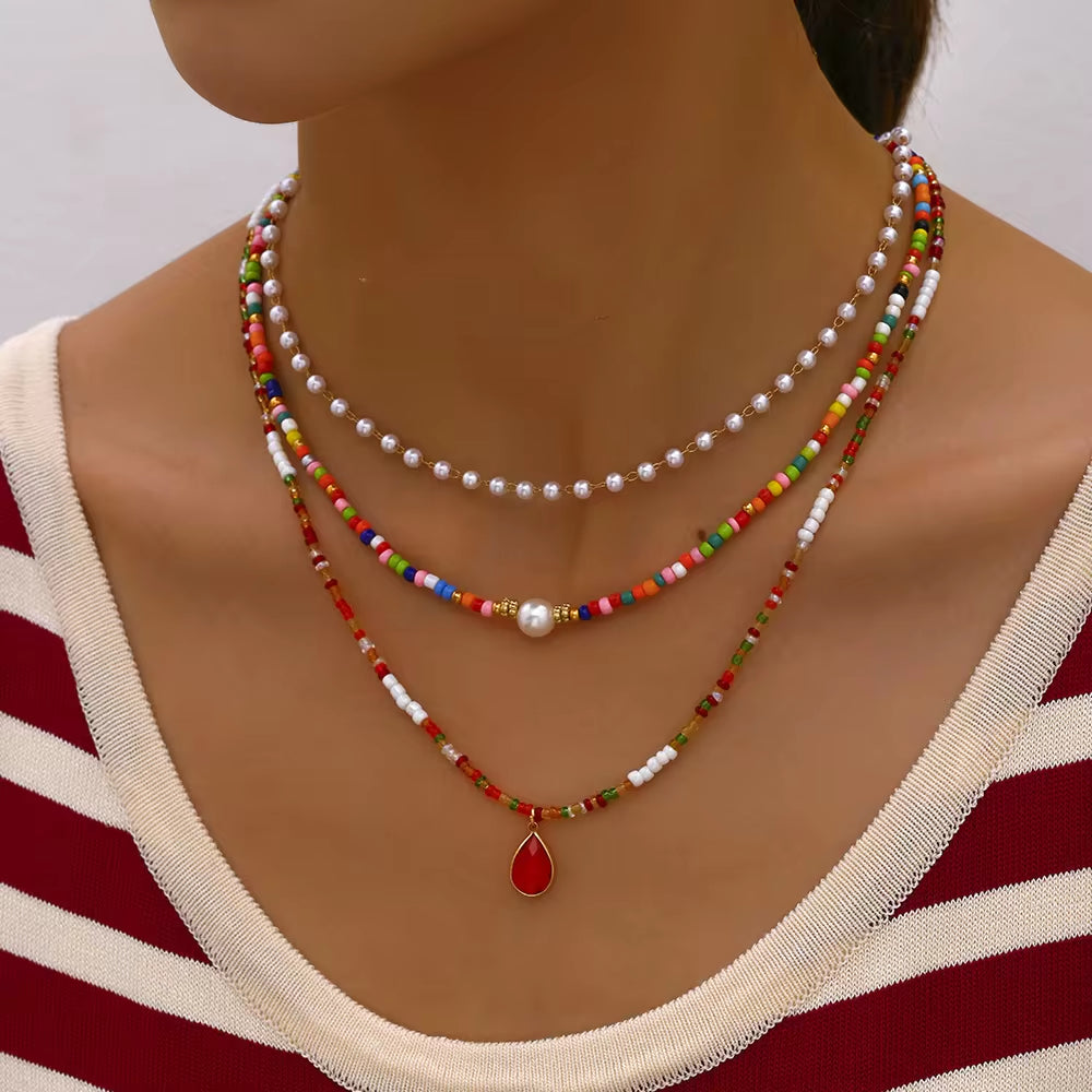 Bohemian Multilayer Handmade Beads Chain Fashion Necklaces Tassels Colorful Crystal Pendant Jewelry for Women Accessories X0180